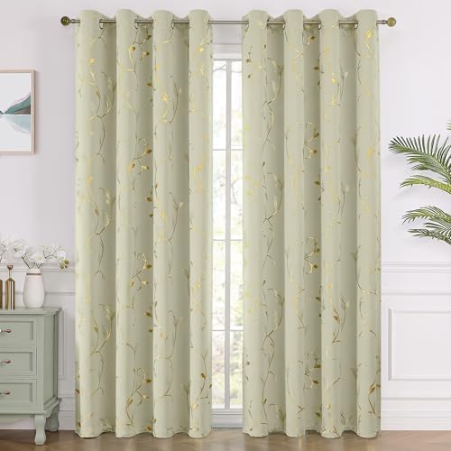 BUHUA Blackout Curtains Gold Foil Print Flower Vine Grommet Drapes, Room - Image 2