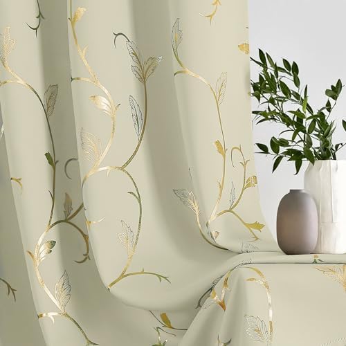 BUHUA Blackout Curtains Gold Foil Print Flower Vine Grommet Drapes, Room - Image 4