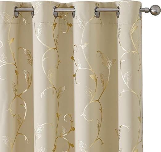 BUHUA Blackout Curtains Gold Foil Print Flower Vine Grommet Drapes, Room by BUHUA