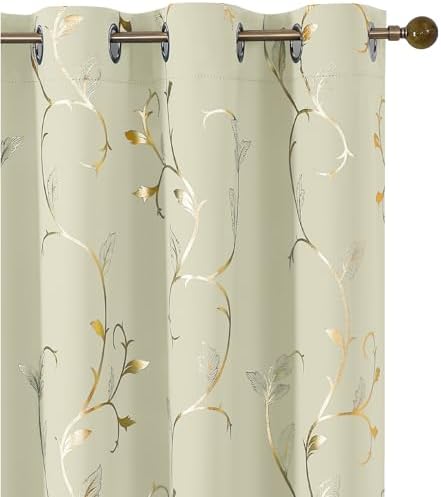 BUHUA Blackout Curtains Gold Foil Print Flower Vine Grommet Drapes, Room by BUHUA