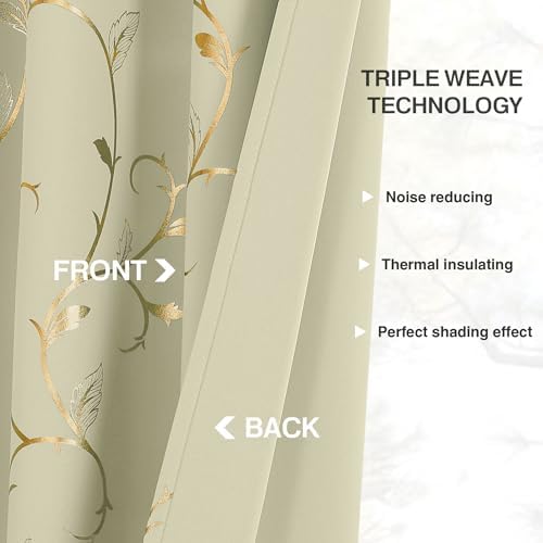 BUHUA Blackout Curtains Gold Foil Print Flower Vine Grommet Drapes, Room - Image 7