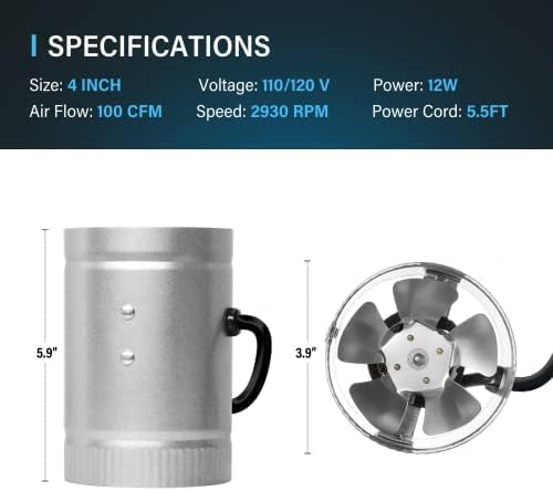 iPower 4 Inch Inline Booster Duct Fan 100 CFM HVAC Exhaust Ventilation Blower - Image 5