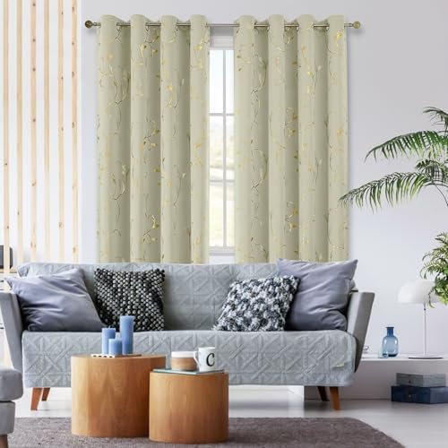 BUHUA Blackout Curtains Gold Foil Print Flower Vine Grommet Drapes, Room - Image 3
