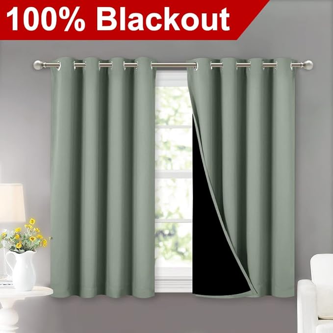 NICETOWN Greyish Green 100% Blackout Curtains 45 inches Long, 2 Thick Layers - Image 2