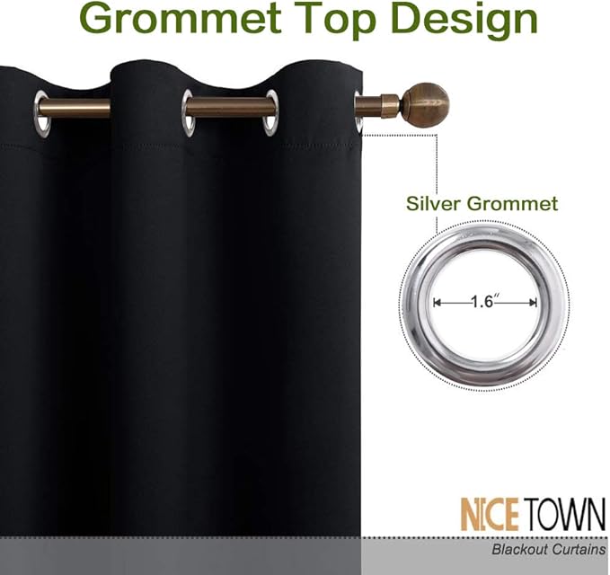 NICETOWN Black Out Curtain Panel Shade Black Solid Energy Efficient Eyelet Top - Image 3