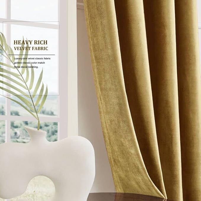 BULBUL Velvet Gold Curtains 63 inch Length- Living Room Blackout Thermal Window - Image 7