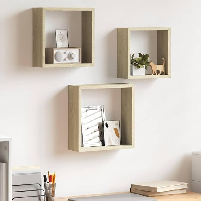 vidaXL Set of 3 Sonoma Oak Wall Cube Shelves - Image 2
