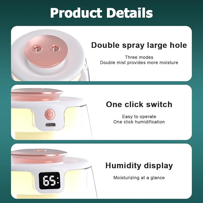 DONGKER Double Spray Humidifier, 1L Silent USB Digital Display Humidifier - Image 2