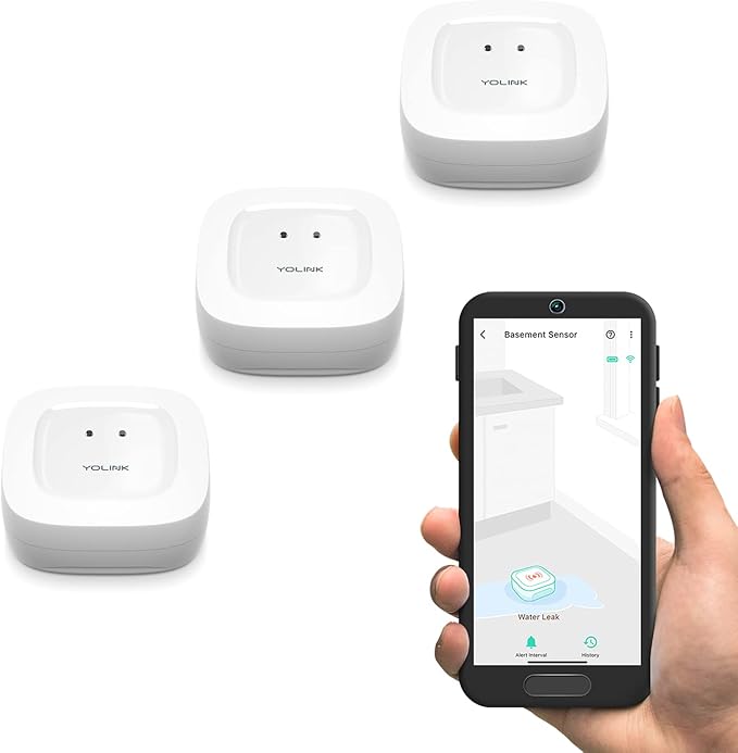 YoLink Water Leak Sensor 3-Pack, LoRa Up to 1/4 Mile Open-Air Range Smart Water by YoLink