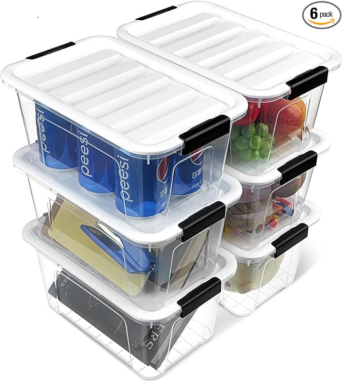 Plastic Storage Bins with Lids 6 Pack, 7 Quart Storage Containers with Black by EasyCozyHomey