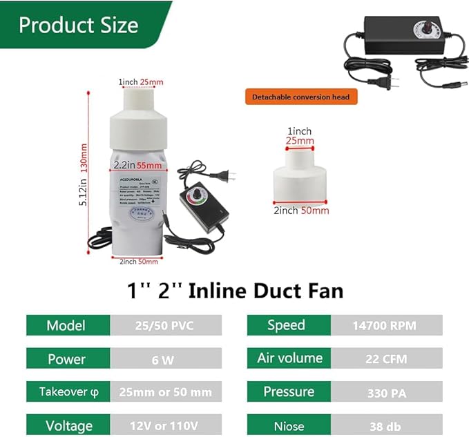 1'' 2'' Inline Duct Fan Booster Ventilation Fan Indoor Vent Blower Air Vent - Image 2