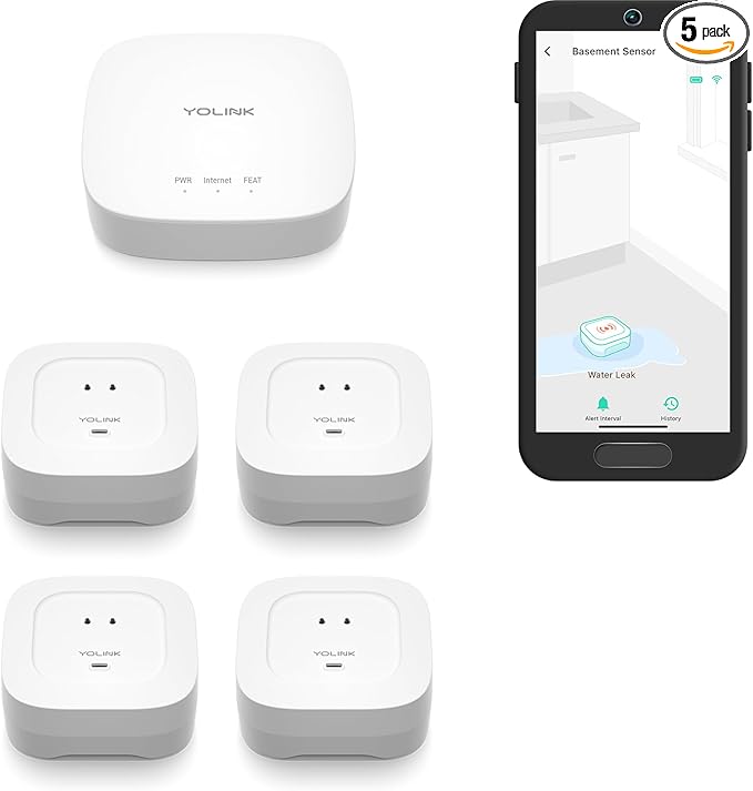 YoLink Water Leak Starter Kit: Hub + 4 Leak Sensor 4, LoRa Long-Range, by YoLink