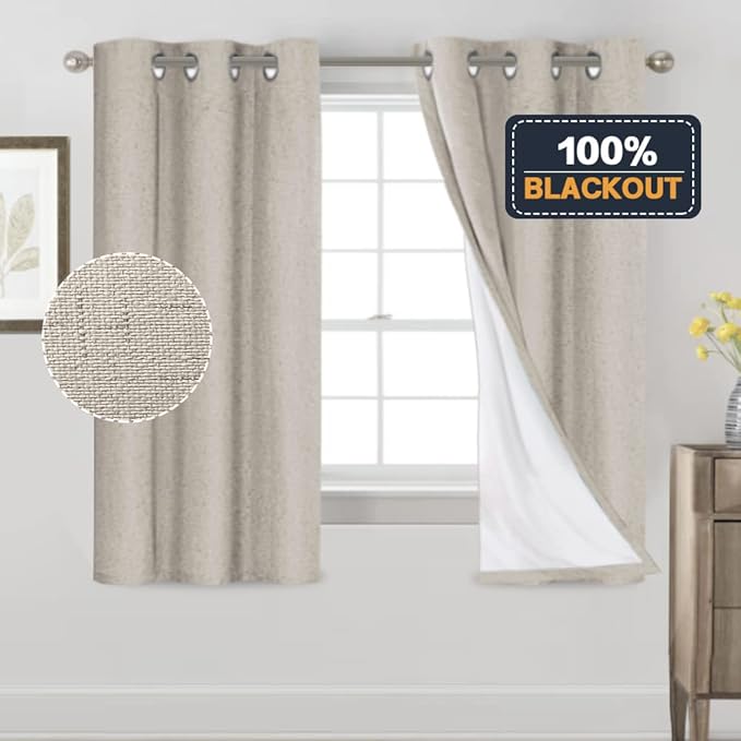 PrinceDeco Linen Texture Curtains 100% Blackout Curtains 64 inch Long 2 Panels - Image 6