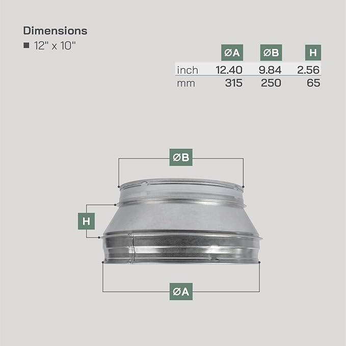 Vent Systems 12" Inch to 10" Inch Duct Reducer Adapter Connector Fitting Pipe - Image 2