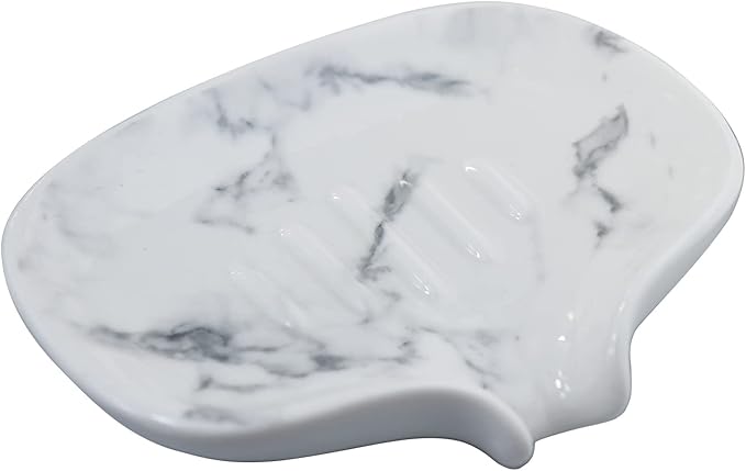 Ceramic Marble Texture Soap Dish, Self Draining Slot, Portable by YRQDECO