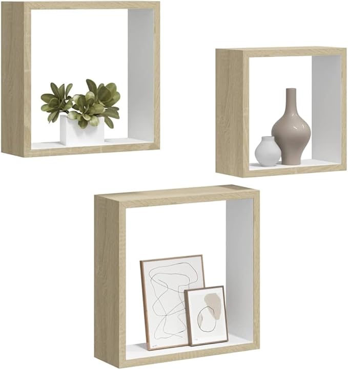 vidaXL 3 pcs Wall Cube Shelves in White and Sonoma Oak - Image 7