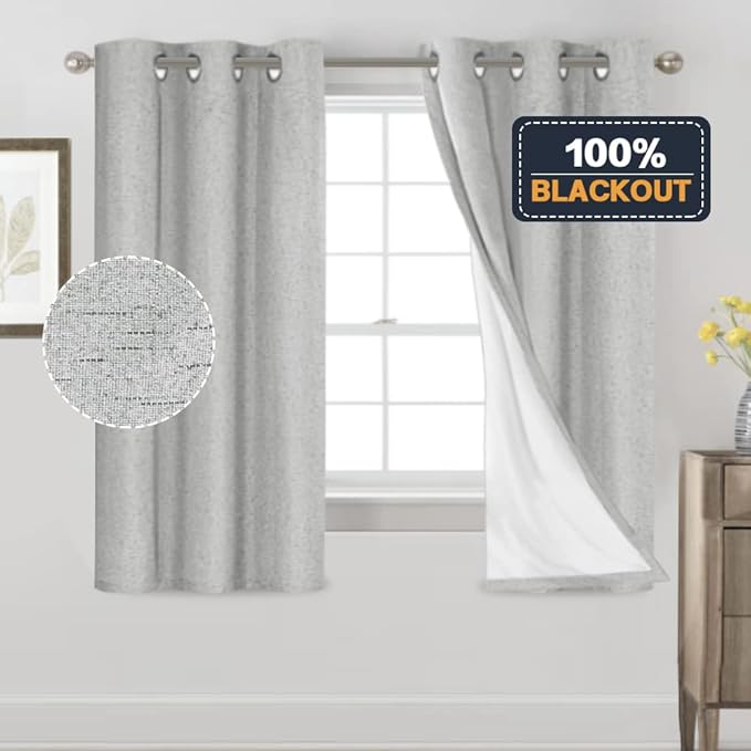 PrinceDeco Linen Texture Curtains Full Blackout Curtains 64 inch Long 2 Panels - Image 6