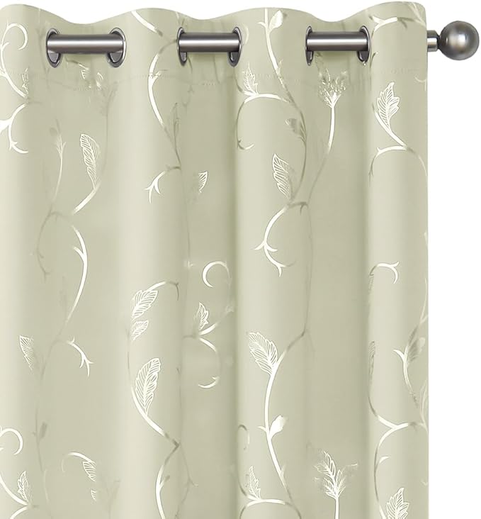 BUHUA Blackout Curtains Silver Foil Print Flower Vine Grommet Drapes, Room by BUHUA
