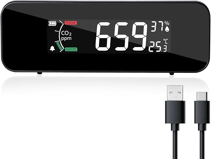 CO2 Monitor CO2 Meter Detector, Rechargeable Indoor Air Quality Monitor by TEKCOPLUS