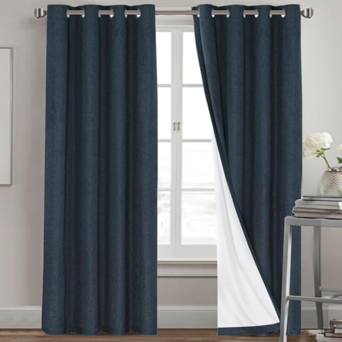 PrinceDeco Navy Blue 100% Blackout Linen Curtains 90 Inch Long, Thick Faux by PrinceDeco