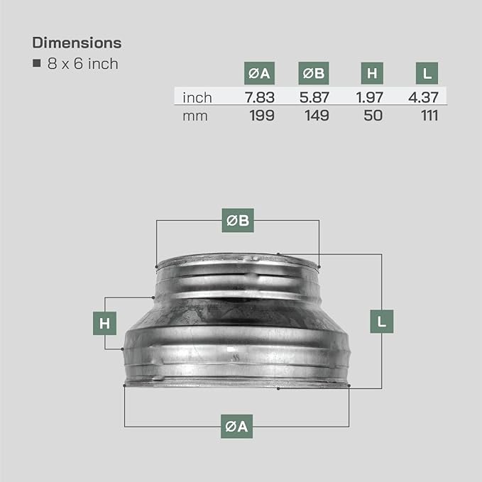 Vent Systems 8" Inch to 6" Inch Duct Reducer – Galvanized Steel HVAC Pipe - Image 2