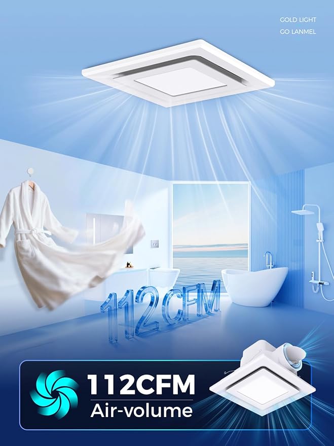 Bathroom Exhaust Fan with Light, 112 CFM 1.0 Sones, Quiet Square Bath Fan Light - Image 2