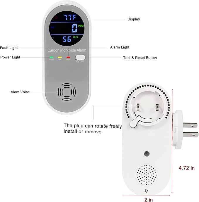 2 Packs Carbon Monoxide Detectors, Plug in Carbon Monoxide Alarm, 3-in-1 - Image 2