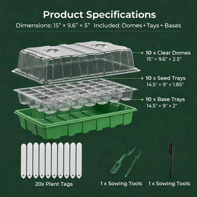 Gardzen 10 Pack 40 Cell BPA Free Seed Starter Tray Kit - Image 2