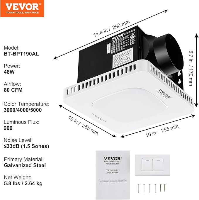 VEVOR Bathroom Exhaust Fan, 80 CFM High-Efficiency Ventilation, 1.5sones Low - Image 6