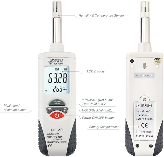 Hygro-Thermometer Psychrometer, Handheld Digital Humidity Temperature Meter - Image 6