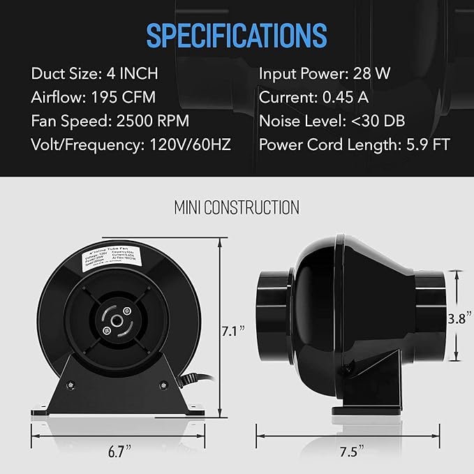 iPower 4 Inch 195 CFM Inline Fan Ventilation Exhaust Blower, Air Carbon Filter - Image 5