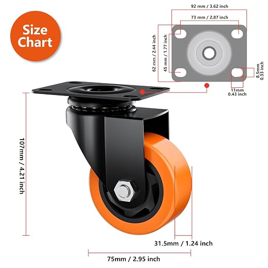 3" Swivel Plate Casters Set of 16 Heavy Duty 1000 lbs | Orange PU, Non-Marking - Image 2