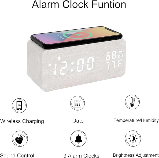 Lancoon Wooden LED Alarm Clock - Image 3