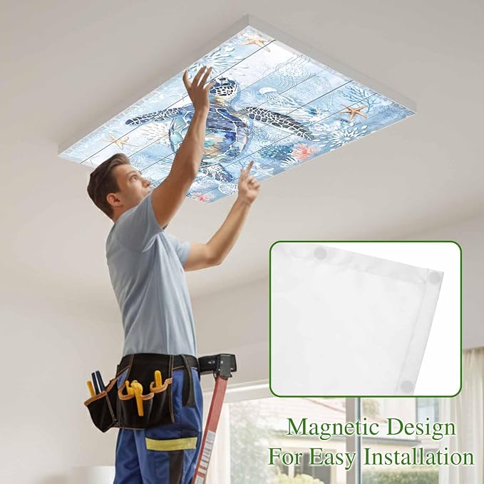 4 Pack Sea Turtle Fluorescent Light Covers Ocean Starfish Coral Blue Wood Grain - Image 3