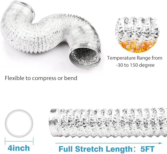 YIJUHOU 4 Inch 5 Feet Dryer Vent Hose, Non-Insulated Aluminum Foil Ducting - Image 2
