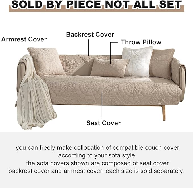 vctops Boho Circle Embroidery Couch Sofa Cover Solid Color Cotton Quilted - Image 6