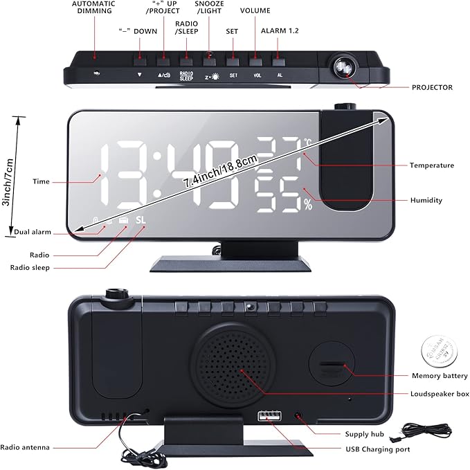 Projection Alarm Clock for Bedrooms Ceiling, Digital Clock Radio - Image 4