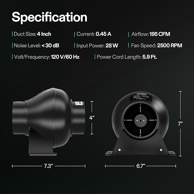 VIVOSUN D4 4 Inch 195 CFM Inline Duct Ventilation Fan, HVAC Vent Blower - Image 4