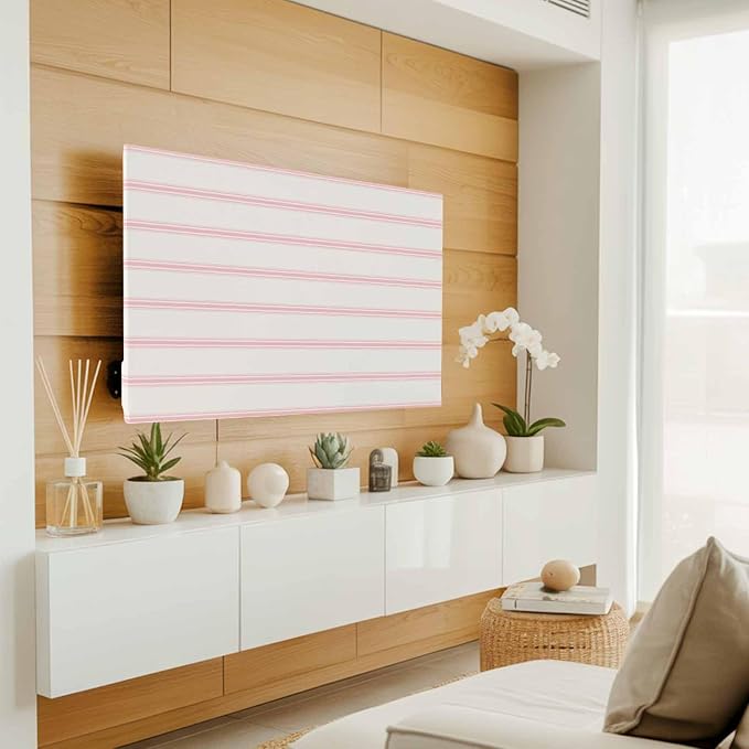 Minimalist Pink Stripe on Beige Indoor TV Cover, Elastic TV Screen Protector - Image 2
