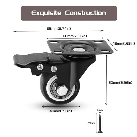 Alise Caster Wheels, 1.5" Swivel Caster Set of 4, Steel Core Rubber Heavy Duty - Image 2