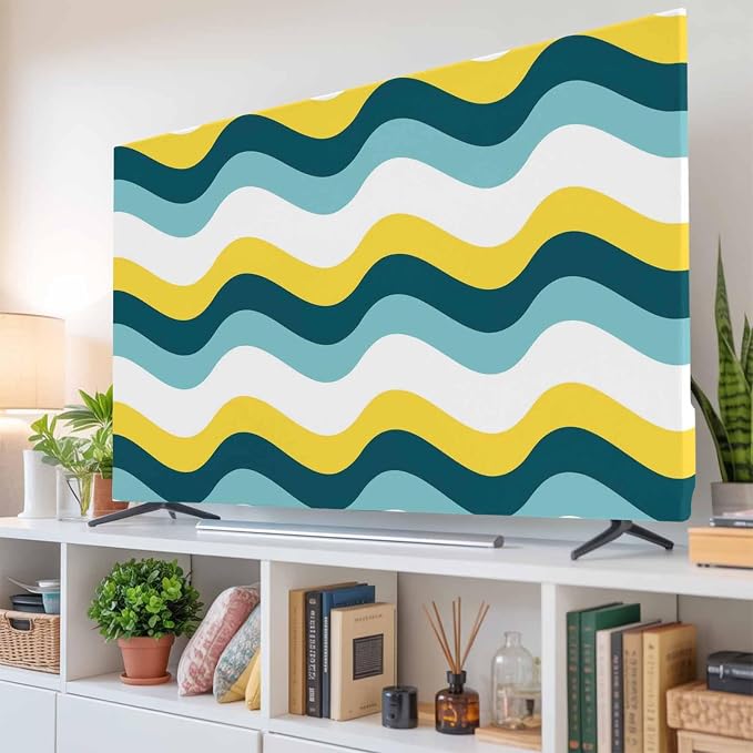 Ombre Yellow Turquoise Waves Indoor TV Cover, Elastic TV Screen Protector - Image 6