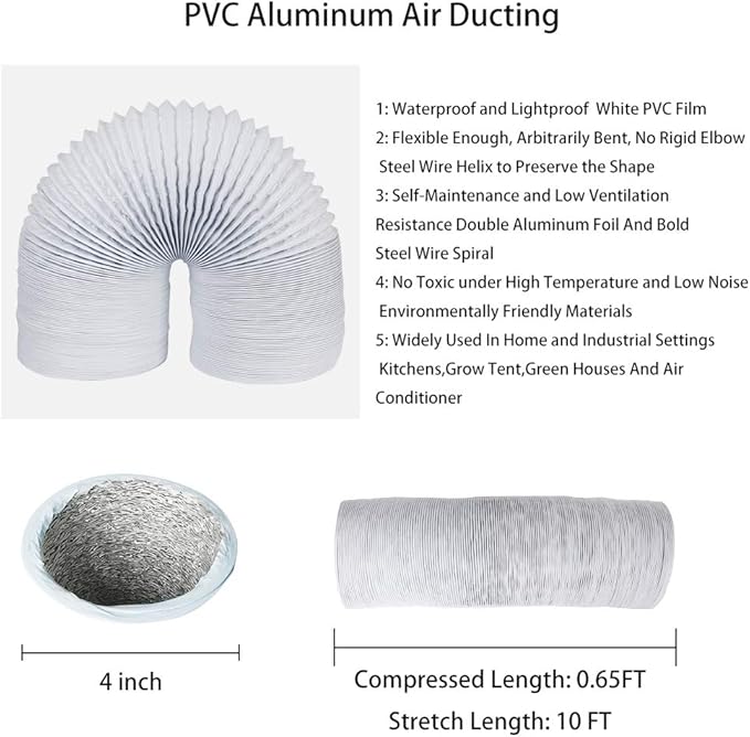 4Inch 10FT Long Flexible Aluminum Air Ducting, Heavy-Duty White 4 Layer Dryer - Image 2