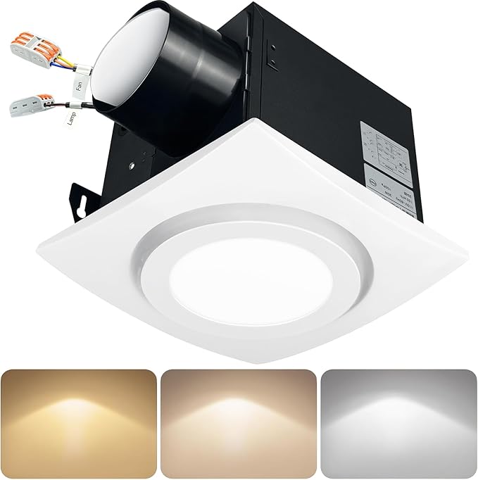 Bathroom Exhaust Fan with Light 88CFM 1.0 Sone, Quiet 28W Bath Shower Fan 3CCT by DCFAIRFAN