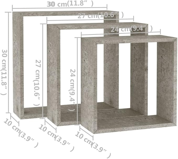 vidaXL Set of 3 Modern Wall Cube Shelves in Concrete Gray Floating Storage - Image 10
