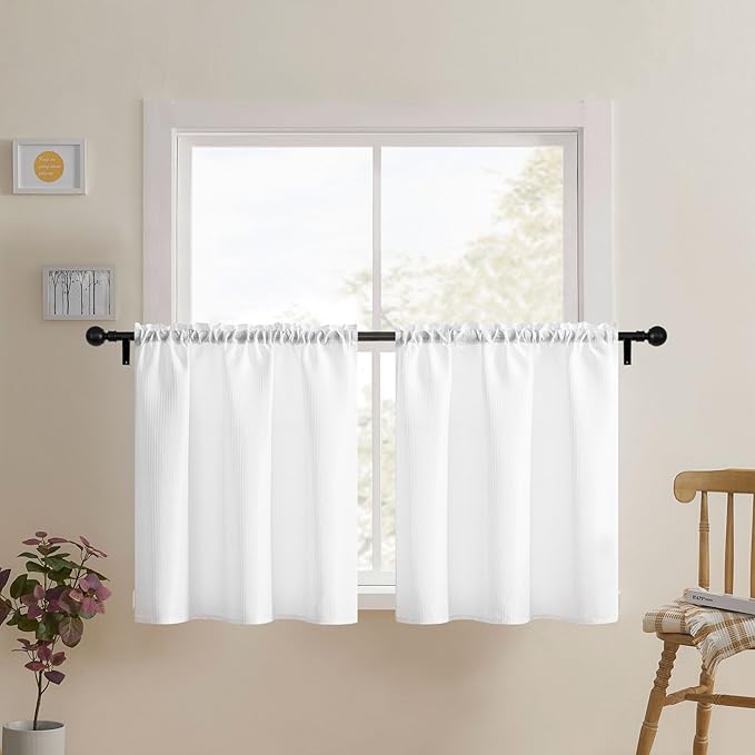 Home Queen White Waffle Bathroom Window Curtains, Water Repellent Rod Pocket by HomeQueen