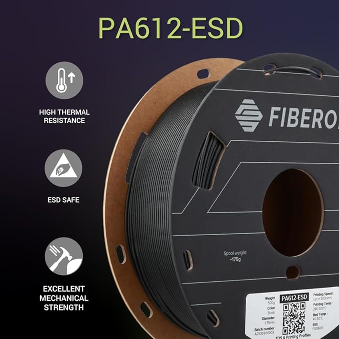 Polymaker Fiberon PA612-ESD 3D Printer Filament 1.75mm 0.5kg, ESD-Safe Carbon - Image 3