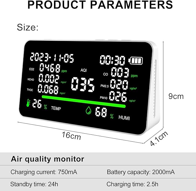 11-in-1 Air Quality Monitor, Indoor CO2/VOC/AQI/PM2.5/Thermometer/Humidity - Image 5