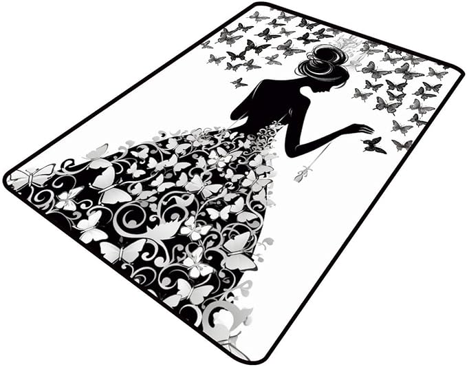 Pile Carpet - Girl with Butterflies Printed Patterns Washable Area Rugs Fade by Snarena
