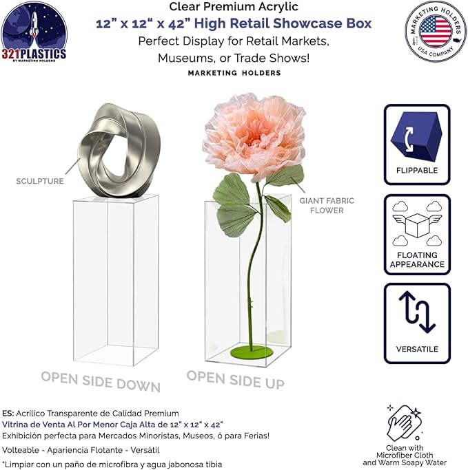 Acrylic Pedestal Display 12" x 12” x 42” Tall Box Riser No Lid Vertical - Image 2