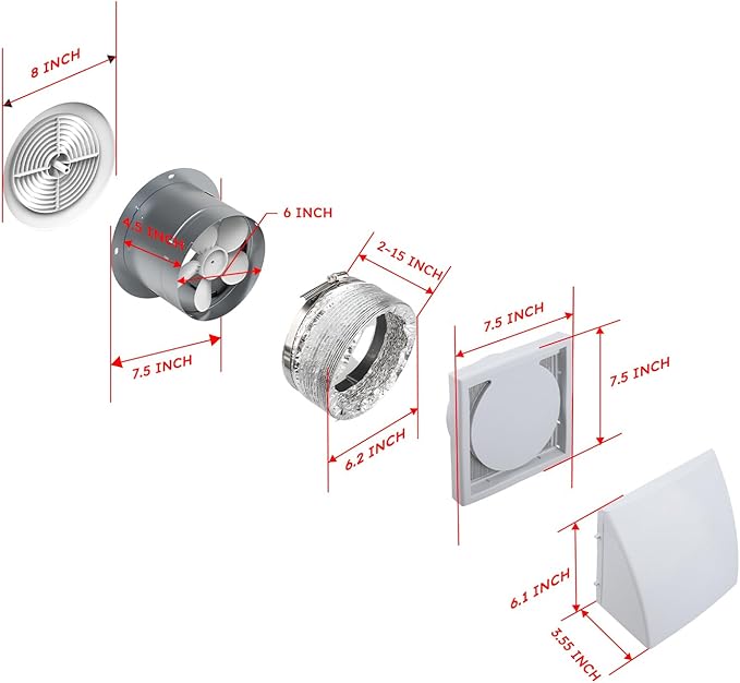 Quini 512M 6-inch Through Wall Exhaust Fan, 80 CFM 4.0 Sones, Bathroom Wall - Image 3